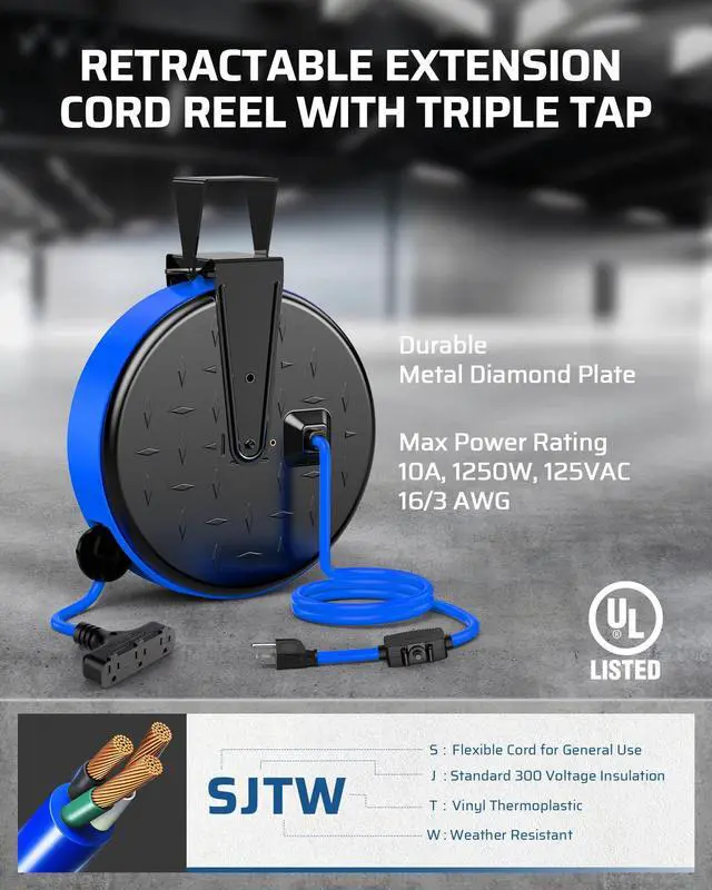 Alt view image 9 of 14 - 30FT Extension Cord Reel, 16/3 Gauge SJTW Power Cord, Retractable Cord Reel with 3 Outlets, Ceiling/Wall Mount for Garage, Workshop, 10A Circuit Breaker, Metal Plate, UL Listed, Blue