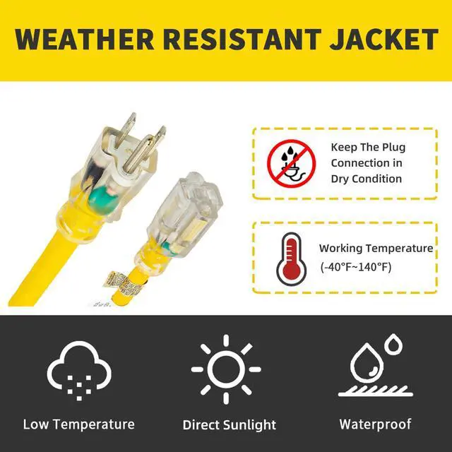 Alt view image 12 of 12 - Indoor Outdoor Extension Cord Weatherproof with Lighted End, UL Listed, 12 Gauge 25FT Yellow 3 Prong Heavy Duty, 12/3 SJTW 15A Power Cord for Outdoor Lights, Lawn