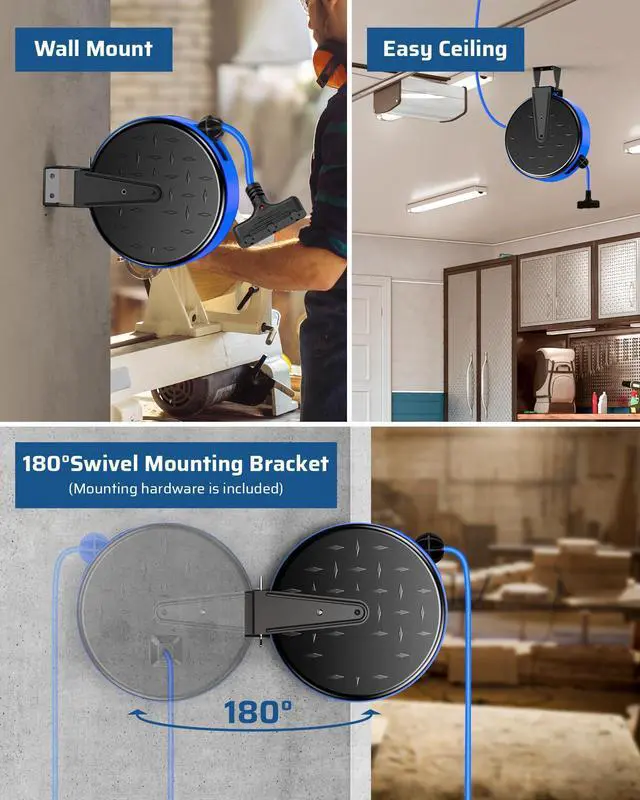Alt view image 10 of 14 - 30FT Extension Cord Reel, 16/3 Gauge SJTW Power Cord, Retractable Cord Reel with 3 Outlets, Ceiling/Wall Mount for Garage, Workshop, 10A Circuit Breaker, Metal Plate, UL Listed, Blue