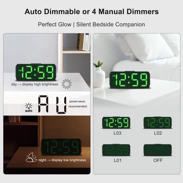 Alt view image 11 of 14 - Small Battery Powered Digital Alarm Clocks for Bedrooms Bedside, Cordless Tiny Travel Portable Desk Clock, Large Numbers Auto Dimmable, LED Display 4 Dimmers, 5 Alarm Volumes