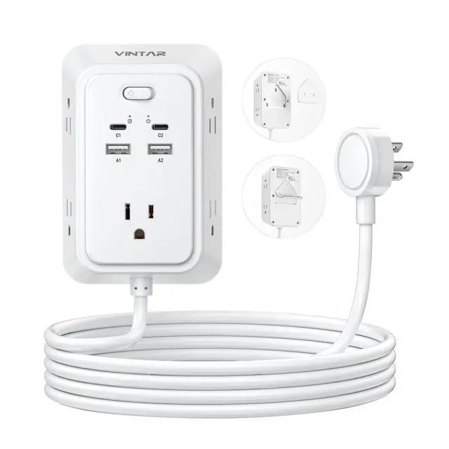 Alt view image 7 of 12 - 6ft Flat Plug Extension Cord, Multi Outlet Extender with 5 Outlets and 4 USB Ports (2 USB-C), 3-Sided Wall Mount Charger, 1800J Surge Protector Power Strip for Home, Office, College Dorm