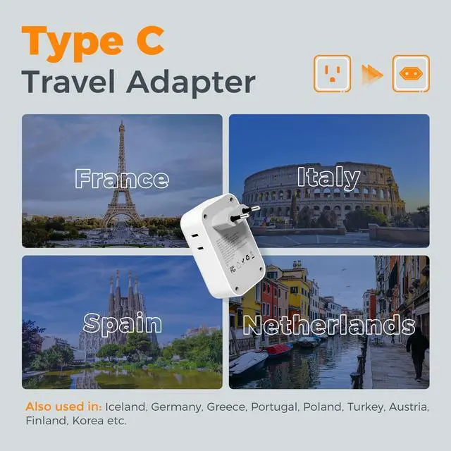 Alt view image 11 of 14 - European Travel Plug Adapter 2 Pack, PD 20W Adapter for Europe Plug with 4 AC Outlets 4 USB (2 USB C), Type C Adaptor for US to Europe, Italy, Spain, France, Portugal, Greece, Iceland, Germany