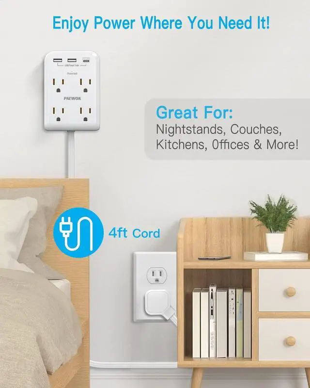 Alt view image 9 of 14 - Surge Protector Power Strip, Outlet Extender Stick with USB C Ports, 4 Outlet 3 USB, 4 FT Extension Cord Flat Wall Plug, Home Office Dorm Room Essentials, White