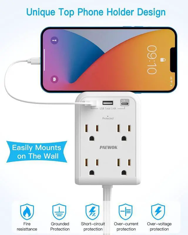 Alt view image 14 of 14 - Surge Protector Power Strip, Outlet Extender Stick with USB C Ports, 4 Outlet 3 USB, 4 FT Extension Cord Flat Wall Plug, Home Office Dorm Room Essentials, White