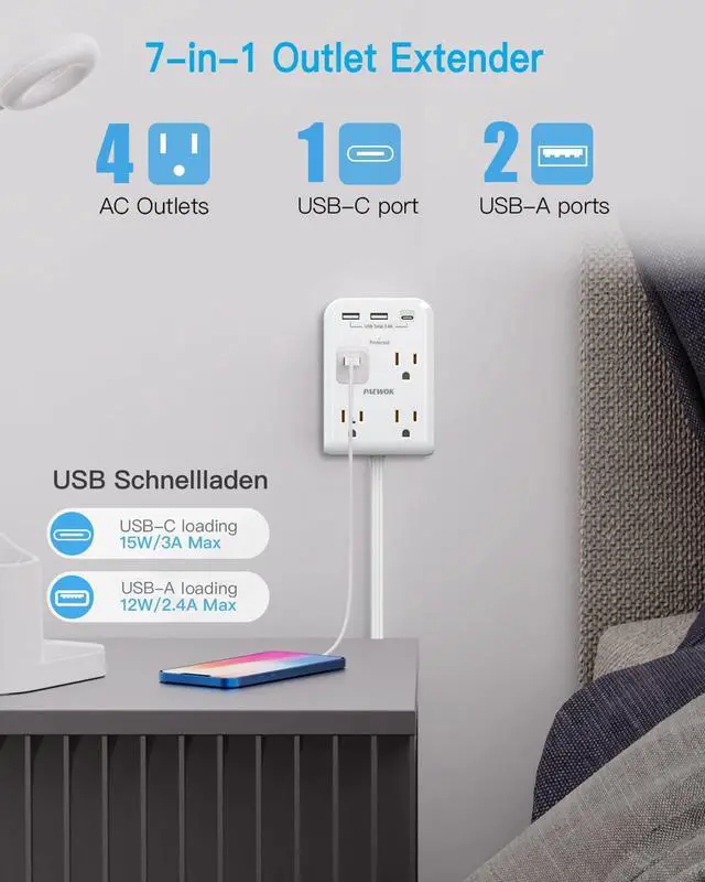 Alt view image 11 of 14 - Surge Protector Power Strip, Outlet Extender Stick with USB C Ports, 4 Outlet 3 USB, 4 FT Extension Cord Flat Wall Plug, Home Office Dorm Room Essentials, White