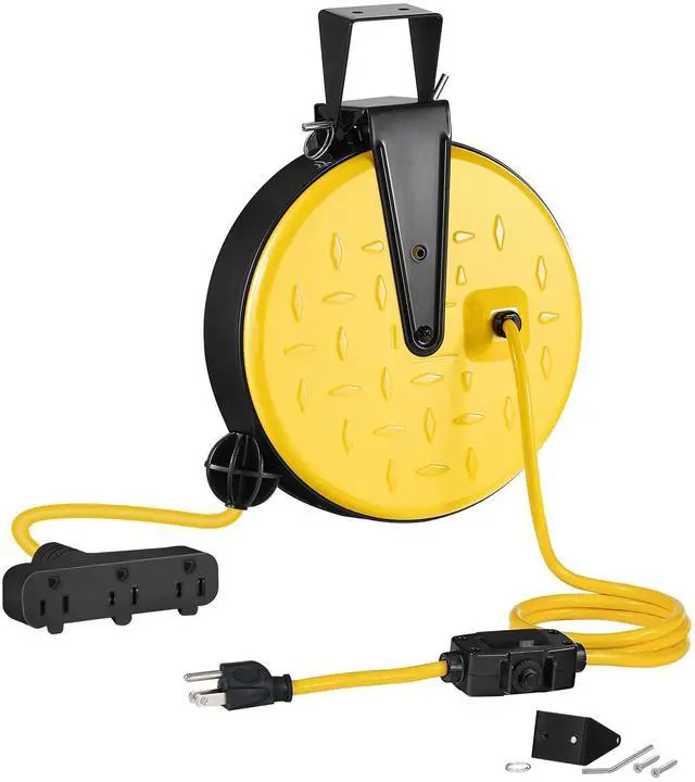 Alt view image 8 of 14 - 30 Ft Retractable Extension Cord Reel, 16/3 Gauge SJTW Power Cord with 3 Electrical Outlets Pigtail for Garage and Shop, 10 Amp Circuit Breaker, Metal Plate, UL Listed, Black B30CR06