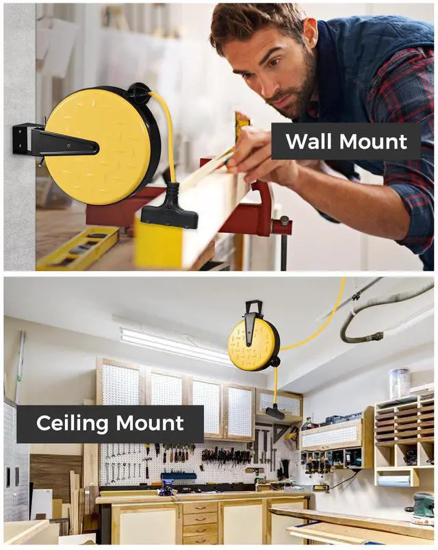 Alt view image 10 of 14 - 30 Ft Retractable Extension Cord Reel, 16/3 Gauge SJTW Power Cord with 3 Electrical Outlets Pigtail for Garage and Shop, 10 Amp Circuit Breaker, Metal Plate, UL Listed, Black B30CR06