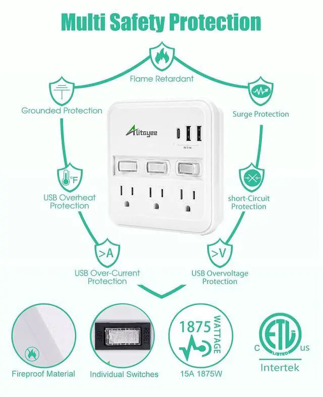 Alt view image 13 of 14 - Wall Outlet Extender Surge Protector, USB Power Strips with Individual Switches and 15.5W Type-C Fast Charging Ports for Cell Phone,Home,Office,Dorm ETL Listed White