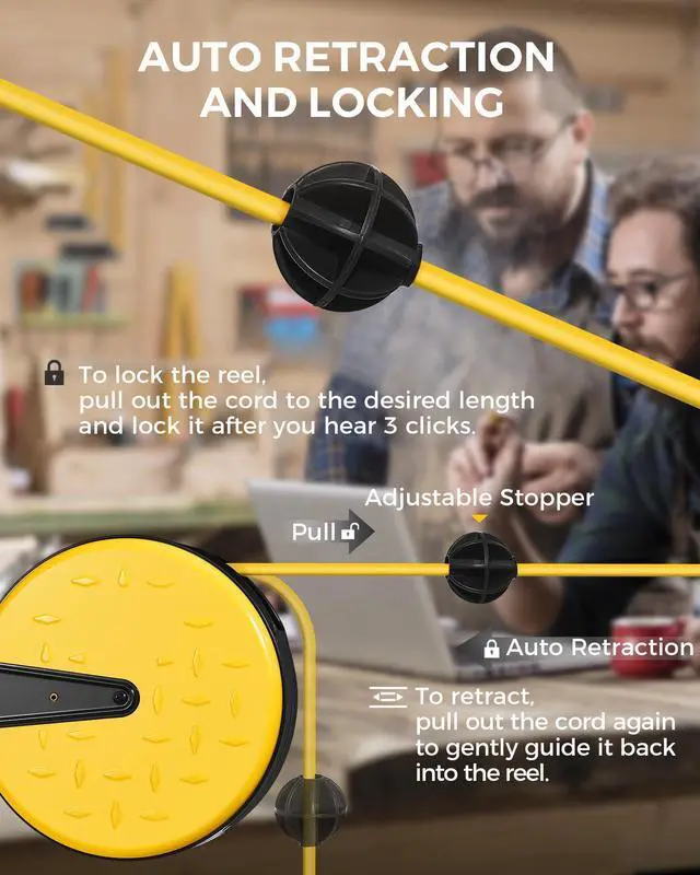 Alt view image 11 of 14 - 30 Ft Retractable Extension Cord Reel, 16/3 Gauge SJTW Power Cord with 3 Electrical Outlets Pigtail for Garage and Shop, 10 Amp Circuit Breaker, Metal Plate, UL Listed, Black B30CR06