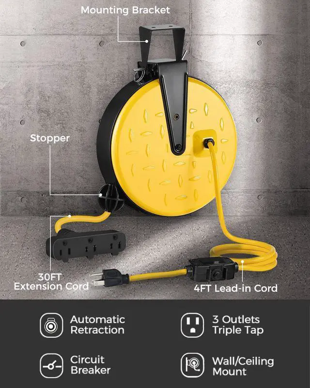 Alt view image 13 of 14 - 30 Ft Retractable Extension Cord Reel, 16/3 Gauge SJTW Power Cord with 3 Electrical Outlets Pigtail for Garage and Shop, 10 Amp Circuit Breaker, Metal Plate, UL Listed, Black B30CR06