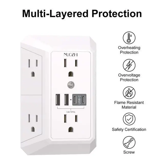 Alt view image 10 of 14 - Outlet Extender Surge Protector - 6 Outlet Splitter with 4 USB Ports(2 USB-C), Multi Plug Wall Outlet 1680J Power Strip for Home Office Dorm Room Essentials, ETL, White