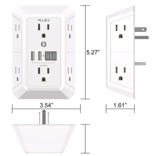 Alt view image 14 of 14 - Outlet Extender Surge Protector - 6 Outlet Splitter with 4 USB Ports(2 USB-C), Multi Plug Wall Outlet 1680J Power Strip for Home Office Dorm Room Essentials, ETL, White