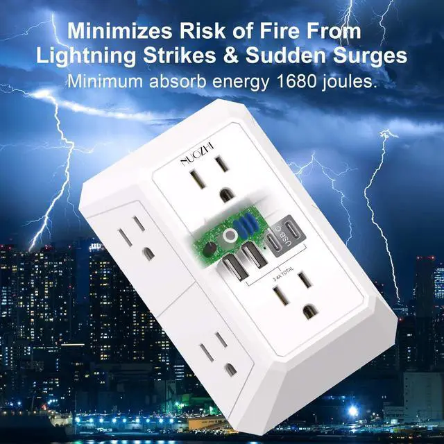 Alt view image 13 of 14 - Outlet Extender Surge Protector - 6 Outlet Splitter with 4 USB Ports(2 USB-C), Multi Plug Wall Outlet 1680J Power Strip for Home Office Dorm Room Essentials, ETL, White