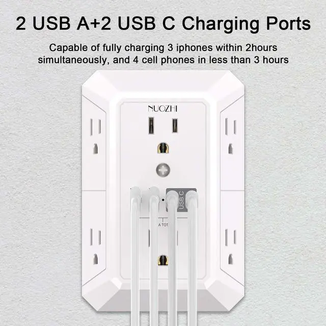 Alt view image 9 of 14 - Outlet Extender Surge Protector - 6 Outlet Splitter with 4 USB Ports(2 USB-C), Multi Plug Wall Outlet 1680J Power Strip for Home Office Dorm Room Essentials, ETL, White