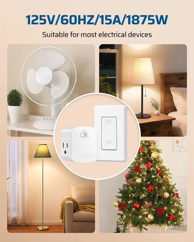 Alt view image 10 of 14 - Wireless Remote Wall Switch and Outlet, Remote Control Outlet Light Switch for Lamps, Fans, Expandable, 15A/1875W, 100ft RF Range, ETL Listed (1 Outlet and 2 Remotes)