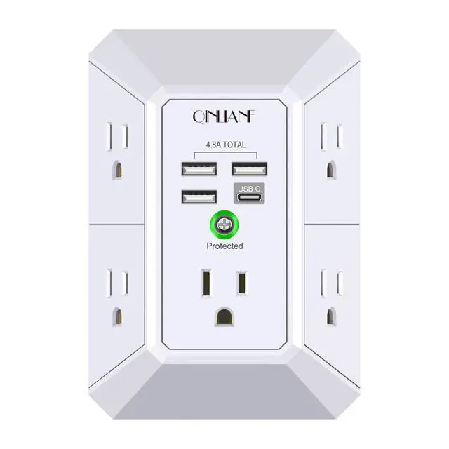 Alt view image 8 of 14 - Wall Charger, Surge Protector, 5 Outlet Extender with 4 USB Charging Ports (4.8A Total) 3-Sided 1680J Power Strip Multi Plug Adapter Spaced for Home Travel Office (3U1C)