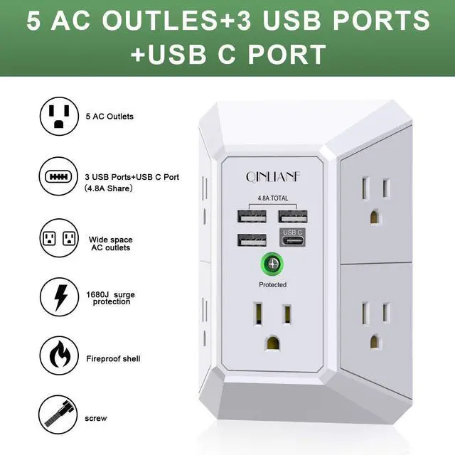 Alt view image 9 of 14 - Wall Charger, Surge Protector, 5 Outlet Extender with 4 USB Charging Ports (4.8A Total) 3-Sided 1680J Power Strip Multi Plug Adapter Spaced for Home Travel Office (3U1C)