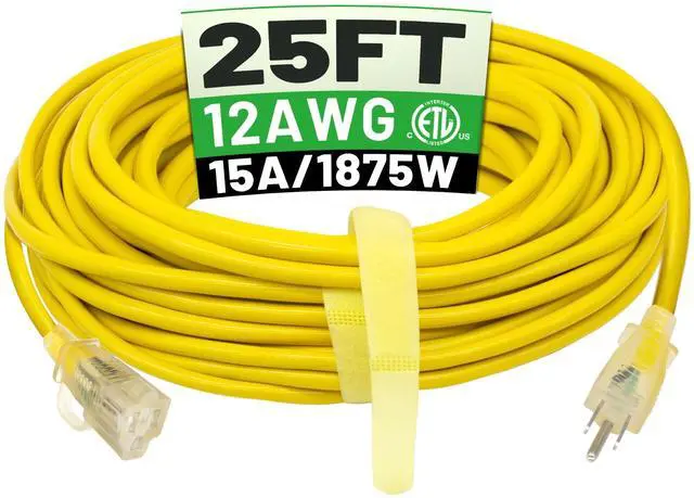 Alt view image 8 of 14 - 25 ft 12/3 Outdoor Extension Cord Waterproof Heavy Duty with Lighted Indicator End 12 Gauge 3 Prong, Flexible Cold-Resistant Long Power Cord Outside, 15Amp 1875W SJTW Yellow ETL Listed