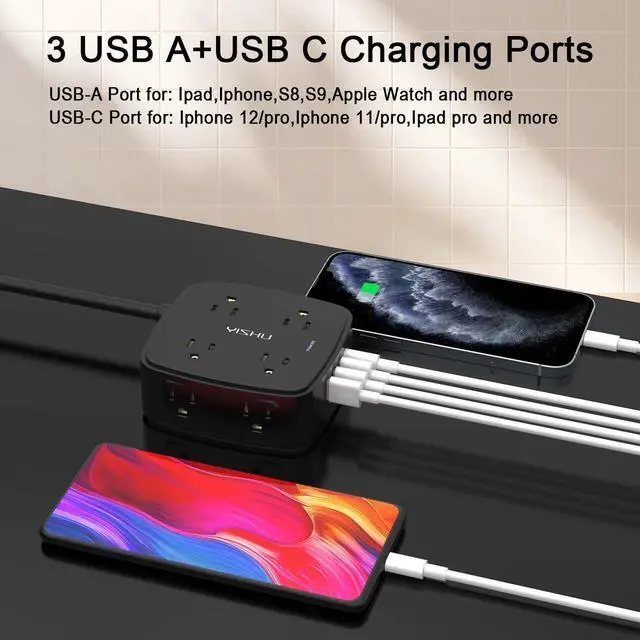 Alt view image 10 of 14 - 10 Ft Surge Protector Power Strip - 8 Widely Outlets with 4 USB Ports, 3 Side Outlet Extender with 10 Feet Extension Cord, Flat Plug, Wall Mount, Desk USB Charging Station, ETL, Black
