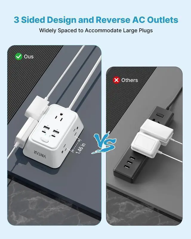 Alt view image 10 of 12 - 6ft Flat Plug Extension Cord, Multi Outlet Extender with 5 Outlets and 4 USB Ports (2 USB-C), 3-Sided Wall Mount Charger, 1800J Surge Protector Power Strip for Home, Office, College Dorm
