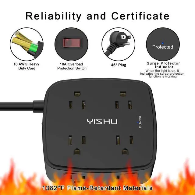 Alt view image 13 of 14 - 10 Ft Surge Protector Power Strip - 8 Widely Outlets with 4 USB Ports, 3 Side Outlet Extender with 10 Feet Extension Cord, Flat Plug, Wall Mount, Desk USB Charging Station, ETL, Black
