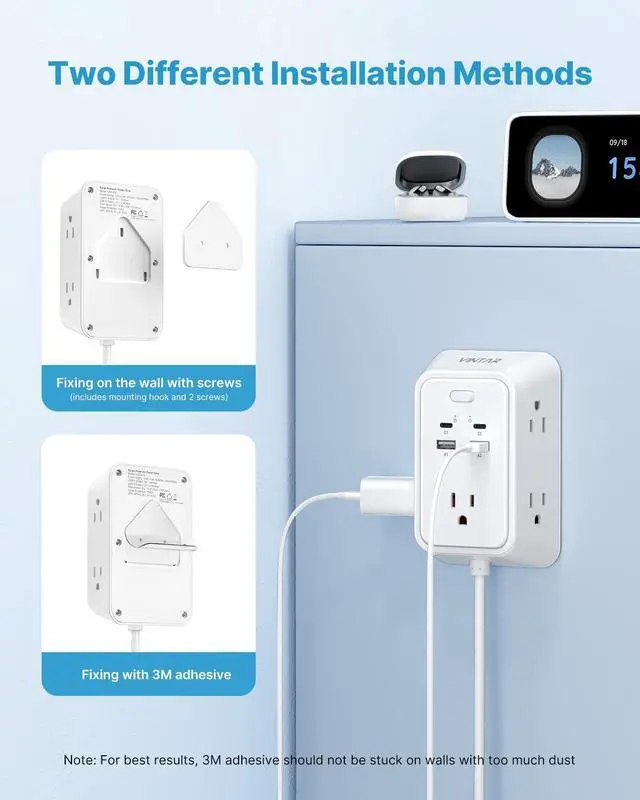 Alt view image 9 of 12 - 6ft Flat Plug Extension Cord, Multi Outlet Extender with 5 Outlets and 4 USB Ports (2 USB-C), 3-Sided Wall Mount Charger, 1800J Surge Protector Power Strip for Home, Office, College Dorm