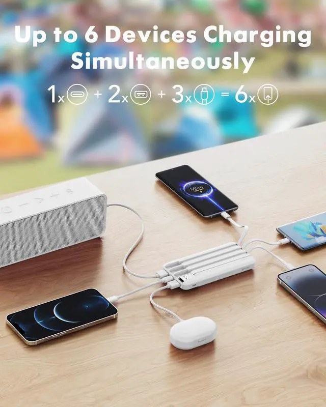 Alt view image 10 of 14 - Portable Charger with Built in Cables, Power Bank with Cords Wires, Slim 10000mAh Travel Battery Pack 6 Outputs 3 Inputs 3A Fast Charging for Samsung Google Pixel LG Moto iPhone iPad