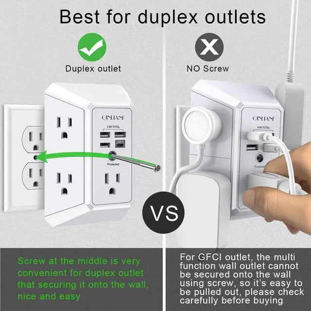 Alt view image 12 of 14 - Wall Charger, Surge Protector, 5 Outlet Extender with 4 USB Charging Ports (4.8A Total) 3-Sided 1680J Power Strip Multi Plug Adapter Spaced for Home Travel Office (3U1C)
