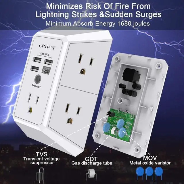 Alt view image 13 of 14 - Wall Charger, Surge Protector, 5 Outlet Extender with 4 USB Charging Ports (4.8A Total) 3-Sided 1680J Power Strip Multi Plug Adapter Spaced for Home Travel Office (3U1C)