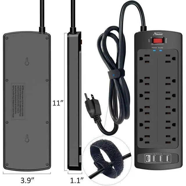 Alt view image 14 of 14 - Power Strip, Surge Protector with 12 Outlets and 4 USB Ports, 6 Feet Extension Cord (1875W/15A), 2700 Joules, ETL Listed, Black