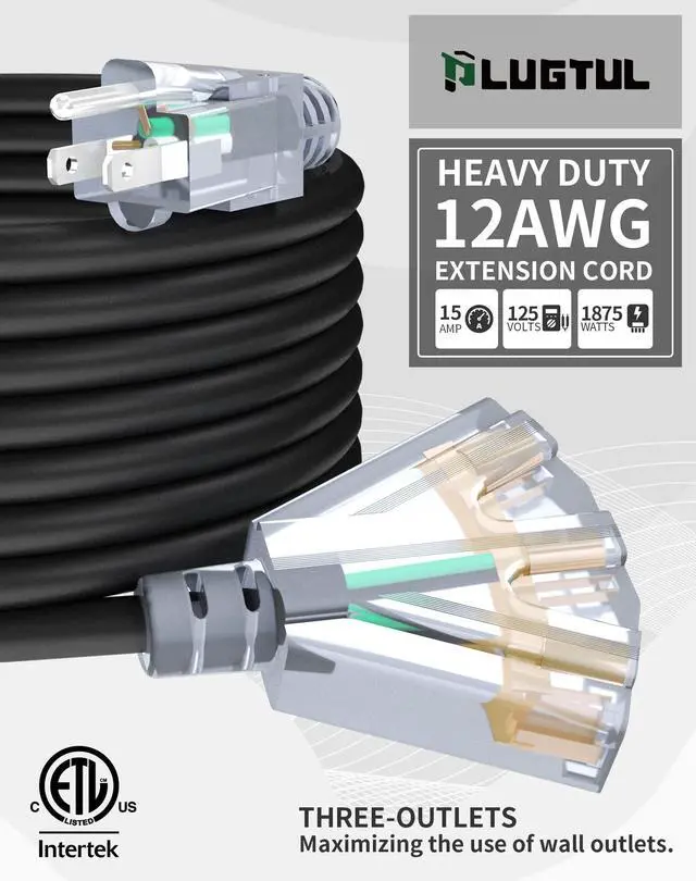 Alt view image 8 of 12 - 25Ft 12/3 Outdoor Extension Cord with 3-Outlets, Heavy Duty 12 Gauge 3 Prong Extension Cord Waterproof with Lighted end, 15A 12AWG 1875W SJTW, ETL Listed - Great for Garage, Garden and Home, Black