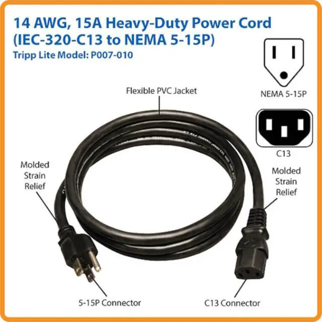 Alt view image 7 of 10 - Series 15 Amp Standard 10ft Computer Power Cord for PC, Monitor, Laptop & More | UL Listed, Heavy Duty 14 AWG, 5-15P to IEC C13, Replacement 3 Prong AC Power Cable (P007-010)