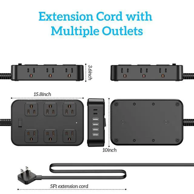 Alt view image 13 of 14 - Flat Plug Power Strip Surge Protector 5 Ft Extension Cord with 12 AC Outlets 6 USB Ports 3 Side Multi Plug Outlet Extender Home Office Kitchen Dorm Room Wall Desk Charging Station ETL Listed