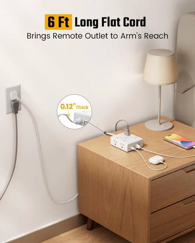 Alt view image 9 of 14 - Flat Plug Surge Protector Power Strip, 6ft Ultra Thin Extension Cord with 4 USB (2 USB C Port), 8 Outlets Desk Charging Station, Wall Mountable Outlet Extender for Home Office, College Dorm Room