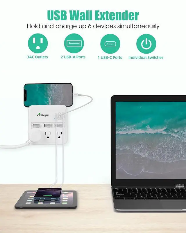 Alt view image 10 of 14 - Wall Outlet Extender Surge Protector, USB Power Strips with Individual Switches and 15.5W Type-C Fast Charging Ports for Cell Phone,Home,Office,Dorm ETL Listed White