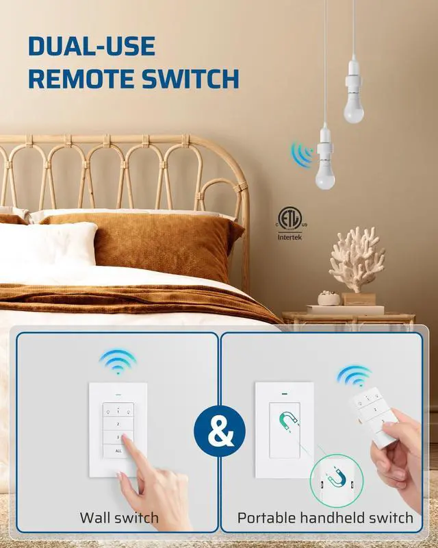 Alt view image 10 of 14 - Remote Control Light Socket, Wireless Light Switch for Pull Chain Light Lamp Fixtures, 100FT Range, No Wiring Needed, ETL Listed(1 Wall Mounted Controller+2 Socket, Shorter Version)
