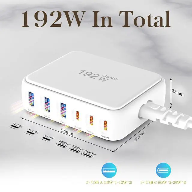 Alt view image 9 of 14 - USB C Charger Block, 192W 6-Port Fast Charging Station, 65W GaN Power Adapter for Laptops, Standard Charge for Phones/Tablets, Compatible with MacBook/iPhone 16/iPad/Samsung