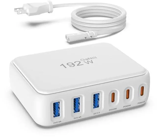 Alt view image 8 of 14 - USB C Charger Block, 192W 6-Port Fast Charging Station, 65W GaN Power Adapter for Laptops, Standard Charge for Phones/Tablets, Compatible with MacBook/iPhone 16/iPad/Samsung