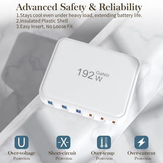 Alt view image 10 of 14 - USB C Charger Block, 192W 6-Port Fast Charging Station, 65W GaN Power Adapter for Laptops, Standard Charge for Phones/Tablets, Compatible with MacBook/iPhone 16/iPad/Samsung
