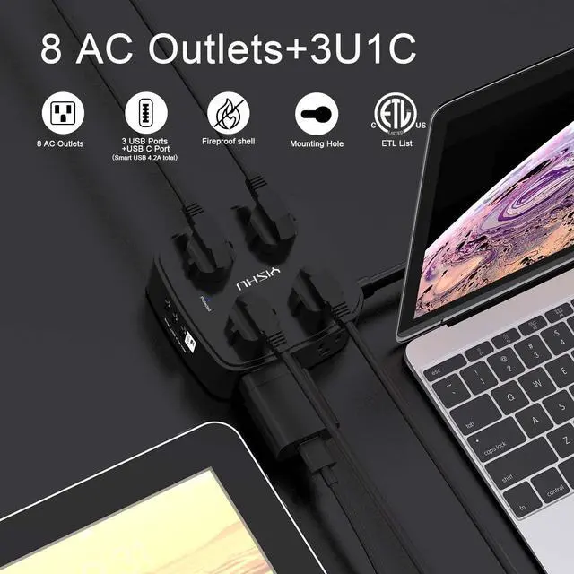 Alt view image 9 of 14 - 10 Ft Surge Protector Power Strip - 8 Widely Outlets with 4 USB Ports, 3 Side Outlet Extender with 10 Feet Extension Cord, Flat Plug, Wall Mount, Desk USB Charging Station, ETL, Black