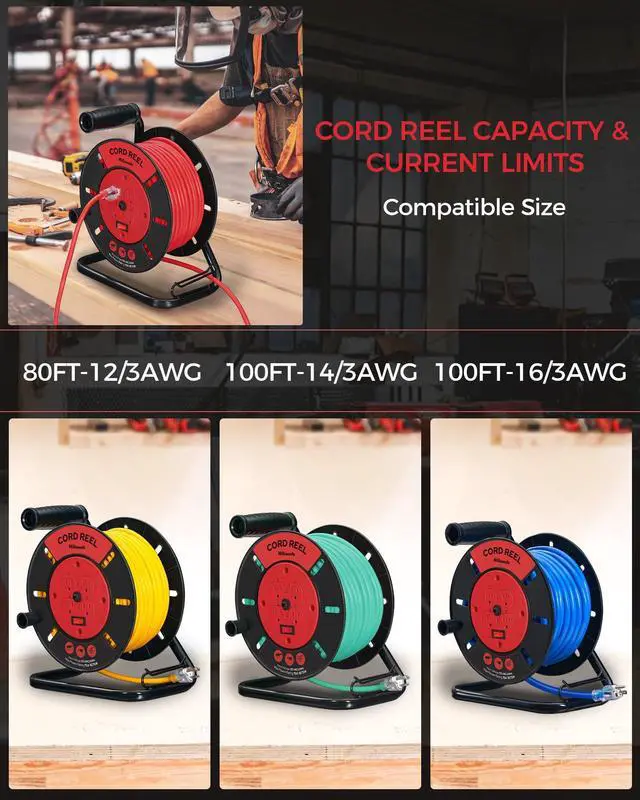 Alt view image 13 of 14 - Extension Cord Storage Reel with 4-Grounded Outlets, 15A Circuit Breaker, Heavy Duty Open Cord Reel for 12/3,14/3,16/3 Gauge Power Cord, Hand Wind Retractable, ETL Listed, Red R95CR06
