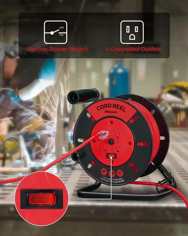 Alt view image 11 of 14 - Extension Cord Storage Reel with 4-Grounded Outlets, 15A Circuit Breaker, Heavy Duty Open Cord Reel for 12/3,14/3,16/3 Gauge Power Cord, Hand Wind Retractable, ETL Listed, Red R95CR06