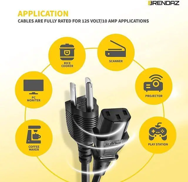 Alt view image 11 of 12 - Universal AC Power Cable - 5 Pack- 1ft. 3 Prong PC Power Cord Replacement for Computer, Monitor, Scanner, Printer, TV- IEC 320 C13 to NEMA 5-15P, 18awg, 125V 10 Amp (1-Feet)