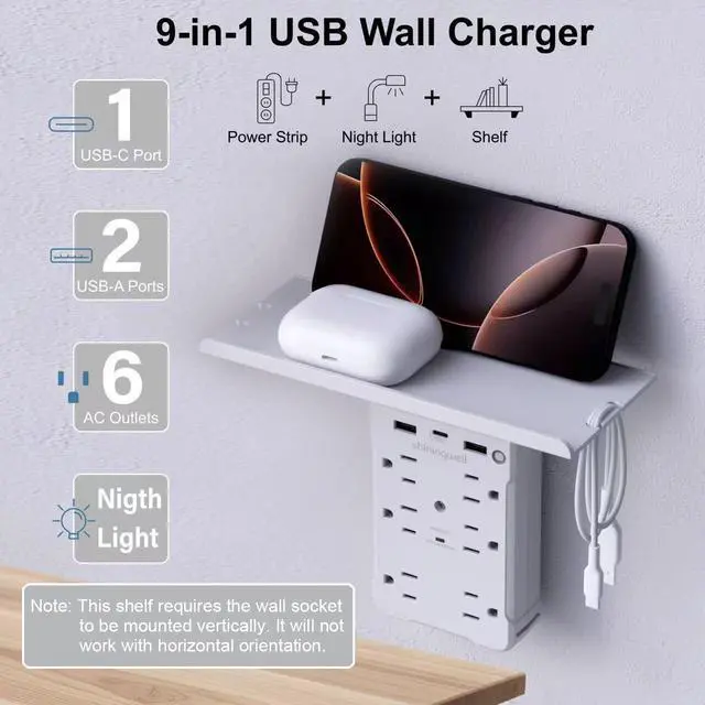 Alt view image 9 of 14 - Wall Outlet Extender with Shelf and Night Light, Surge Protector with 3 USB Ports (2A+1C) and 6 AC Outlets, Multi Plug Power Strip Electric Outlet Splitter for Home and Office Use, White