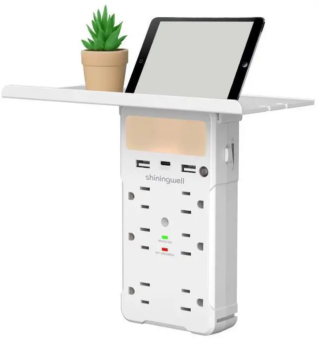 Alt view image 8 of 14 - Wall Outlet Extender with Shelf and Night Light, Surge Protector with 3 USB Ports (2A+1C) and 6 AC Outlets, Multi Plug Power Strip Electric Outlet Splitter for Home and Office Use, White