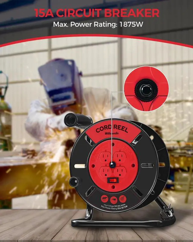 Alt view image 12 of 14 - Extension Cord Storage Reel with 4-Grounded Outlets, 15A Circuit Breaker, Heavy Duty Open Cord Reel for 12/3,14/3,16/3 Gauge Power Cord, Hand Wind Retractable, ETL Listed, Red R95CR06