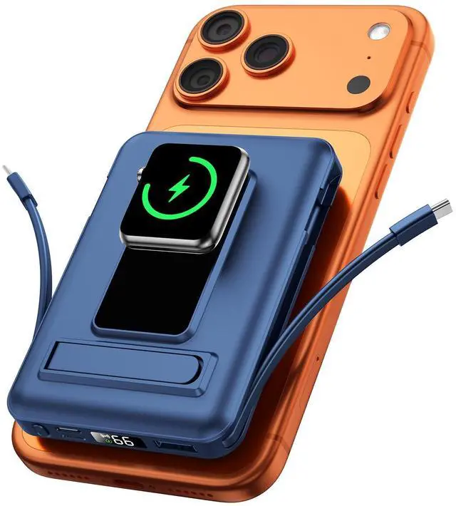 Alt view image 8 of 14 - for Magsafe Battery Pack, 10000mAh Power Bank for iPhone with Built-in Cables, 20W Fast Charging Magnetic Wireless Portable Charger with Stand for iPhone 17/16/15/14/13/12/Apple Watch Series