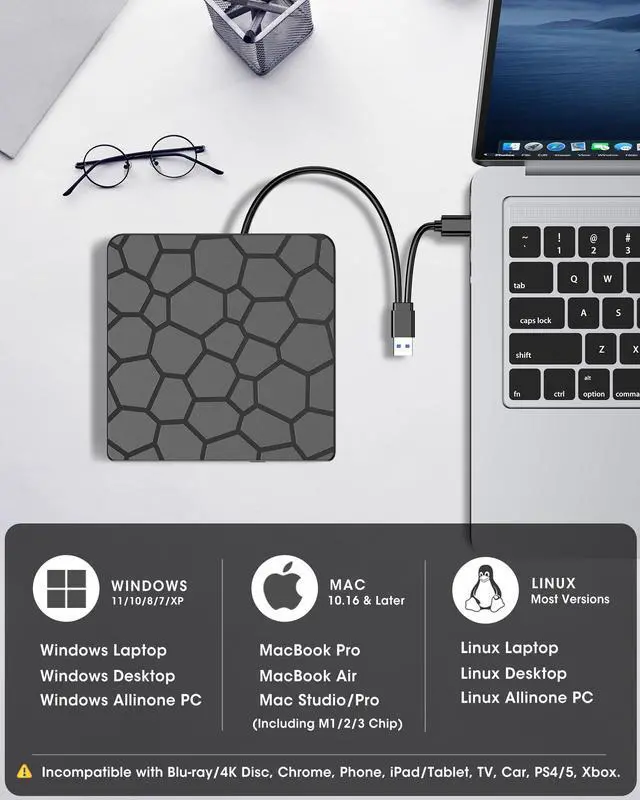Alt view image 12 of 14 - External CD DVD Drive, USB 3.0 Type-C Portable CD/DVD Player Burner Reader Writer Recorder for Laptop Windows 11/10/8/7 Mac MacBook Linux PC, RF868