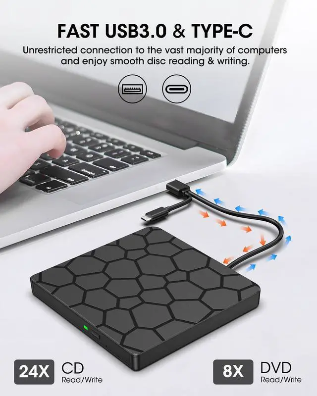 Alt view image 10 of 14 - External CD DVD Drive, USB 3.0 Type-C Portable CD/DVD Player Burner Reader Writer Recorder for Laptop Windows 11/10/8/7 Mac MacBook Linux PC, RF868