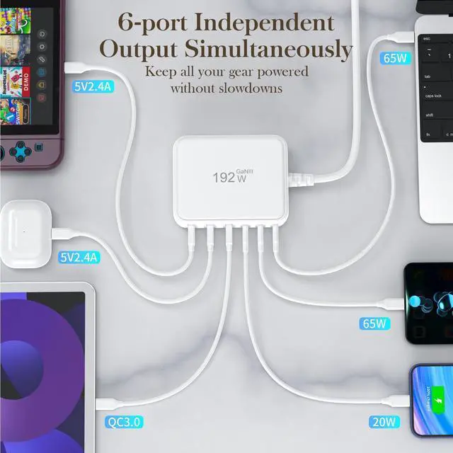 Alt view image 13 of 14 - USB C Charger Block, 192W 6-Port Fast Charging Station, 65W GaN Power Adapter for Laptops, Standard Charge for Phones/Tablets, Compatible with MacBook/iPhone 16/iPad/Samsung